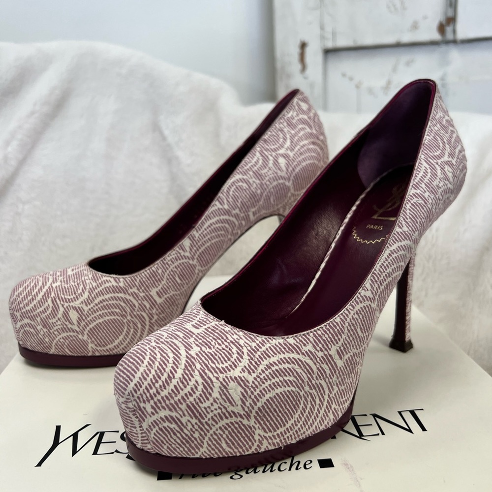Yves Saint Laurent Paris Cream/Fuchsia Printed Python Embossed Leather Platform